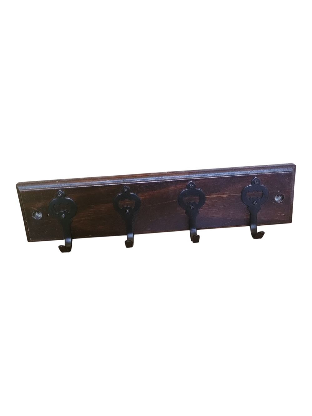 Rustic Dark Brown Wall Hook Rack with Four Black Metal Hooks
